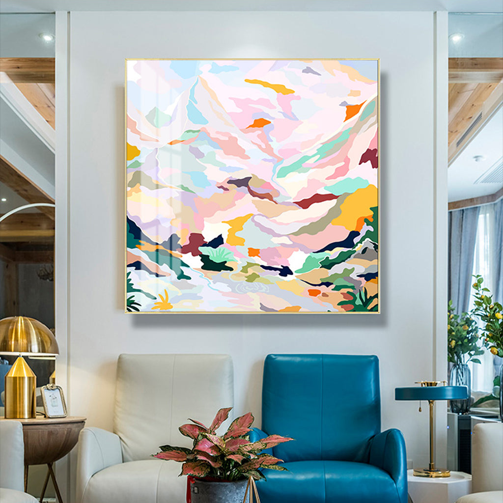 80cmx80cm Abstract Pink Mountain Hand Painted Style Gold Frame Canvas Wall Art-Home & Garden > Wall Art-PEROZ Accessories