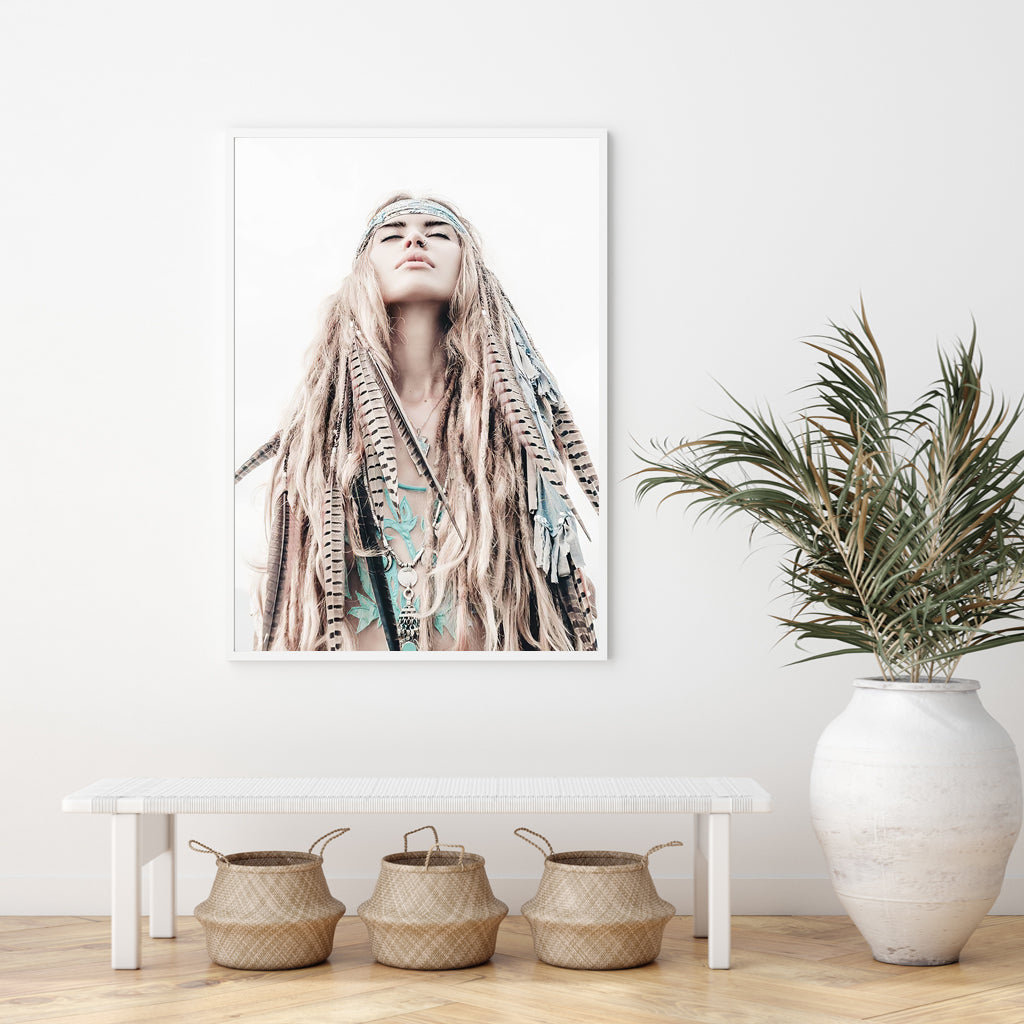 70cmx100cm BOHO Girl White Frame Canvas Wall Art-Home & Garden > Wall Art-PEROZ Accessories