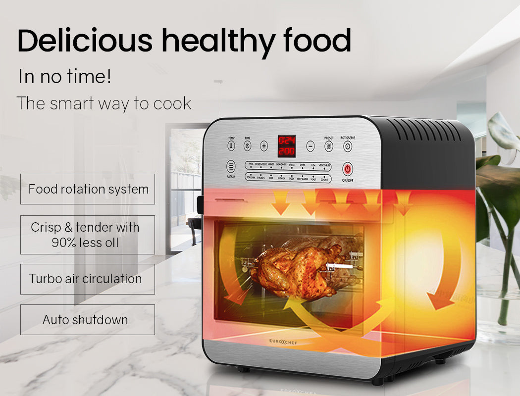 EUROCHEF 16L Digital Air Fryer Electric Airfryer Rotisserie Large Big Dry Cooker, Silver-Appliances > Kitchen Appliances-PEROZ Accessories