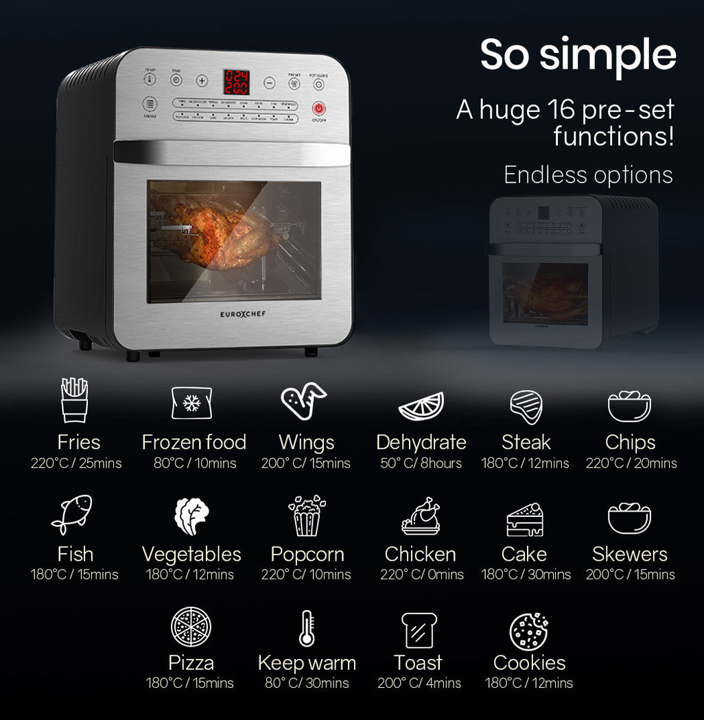 EUROCHEF 16L Digital Air Fryer Electric Airfryer Rotisserie Large Big Dry Cooker, Silver-Appliances > Kitchen Appliances-PEROZ Accessories