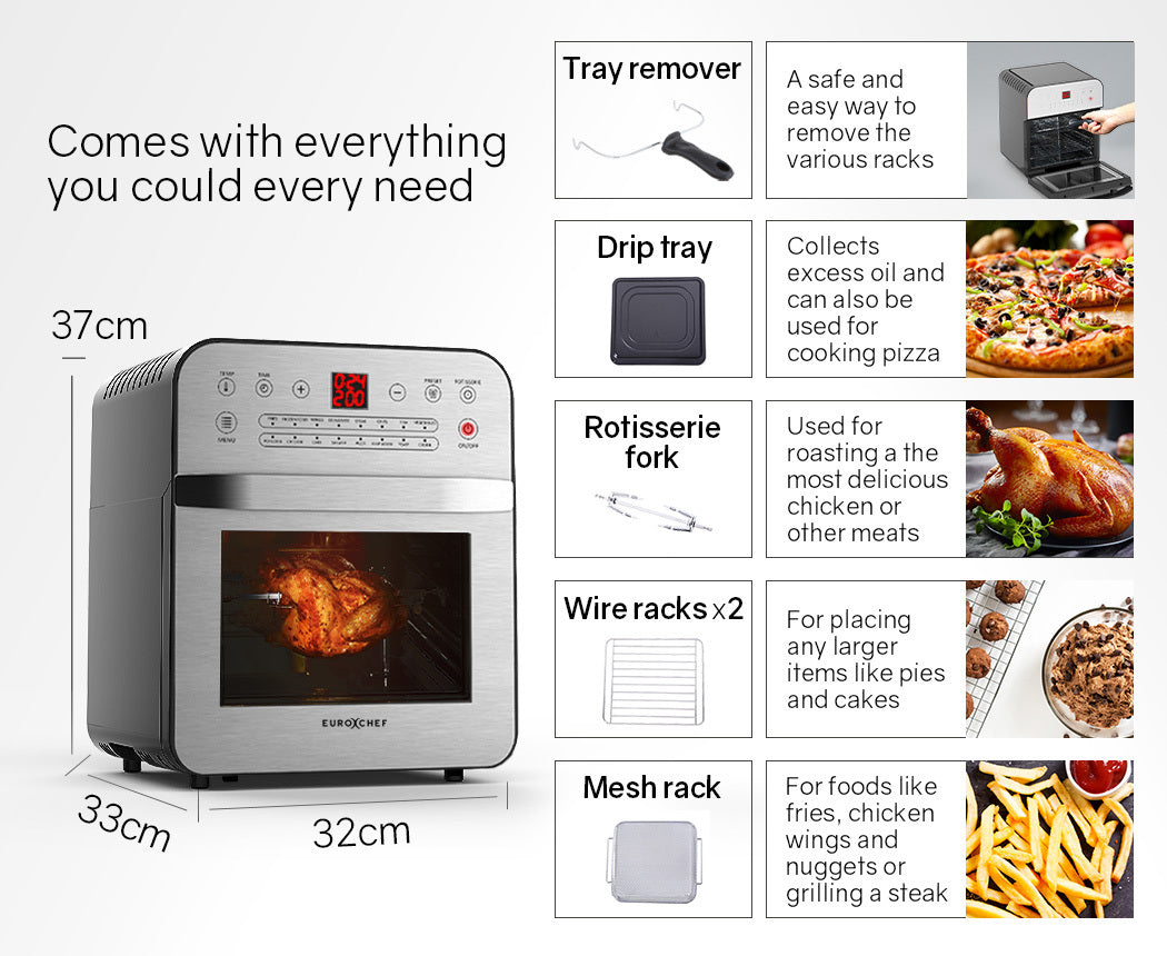 EUROCHEF 16L Digital Air Fryer Electric Airfryer Rotisserie Large Big Dry Cooker, Silver-Appliances > Kitchen Appliances-PEROZ Accessories