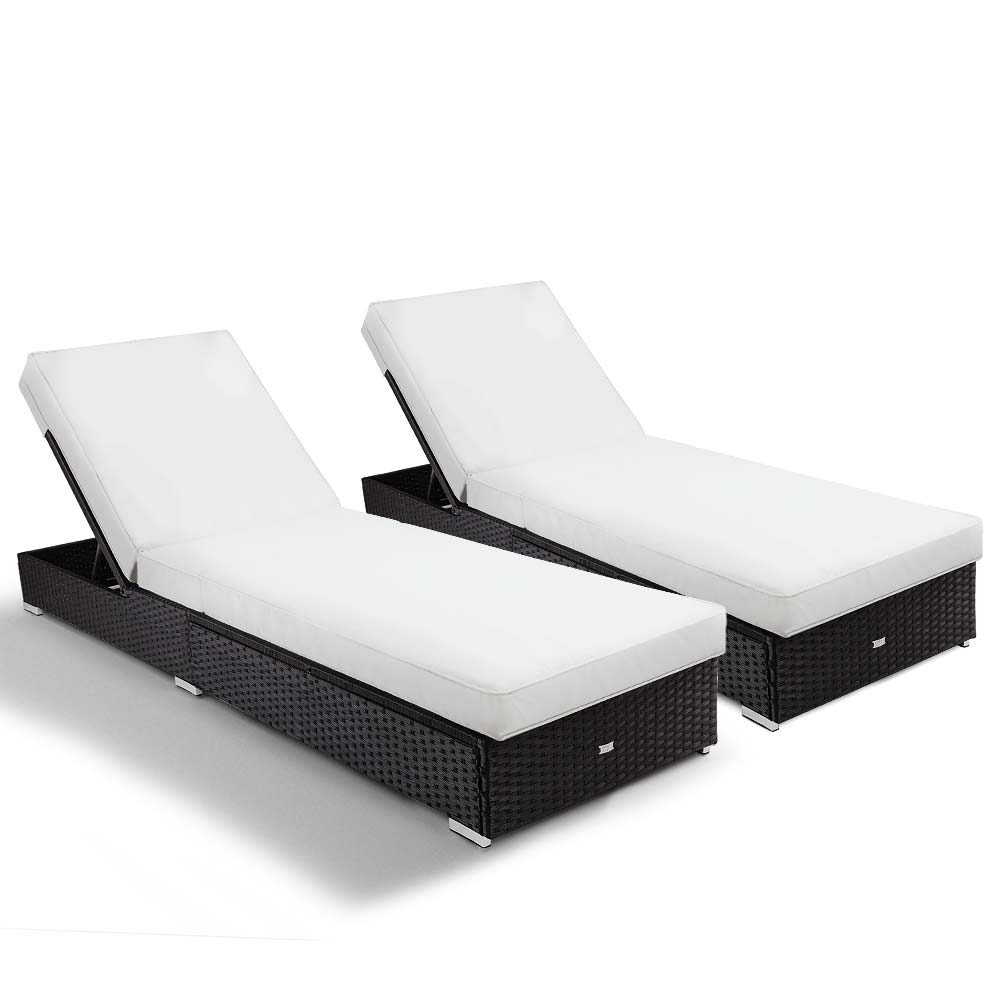 LONDON RATTAN 2pc Premium Outdoor Sun Lounge, Black with Light Cushions-Furniture > Outdoor-PEROZ Accessories