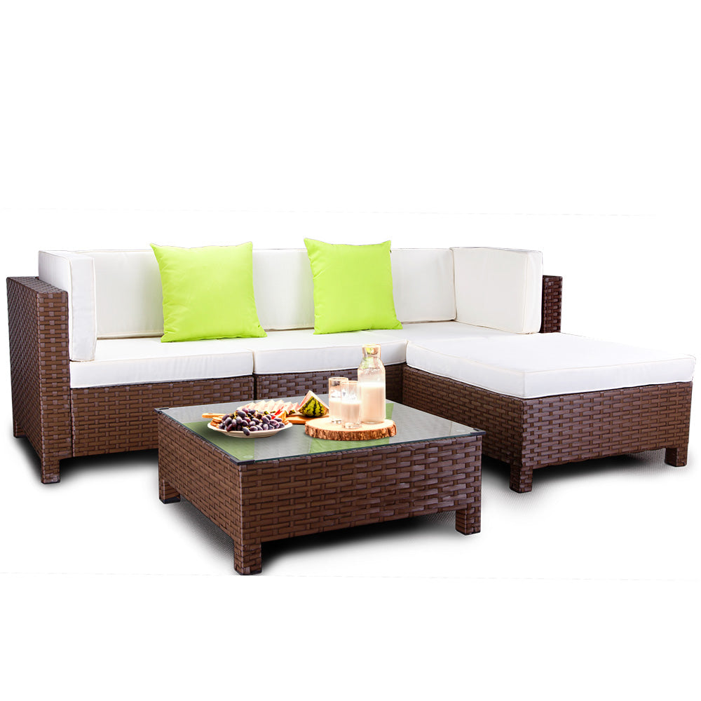 LONDON RATTAN 5pc Outdoor Furniture Setting Lounge Wicker Sofa Set Patio Brown-Furniture > Outdoor-PEROZ Accessories