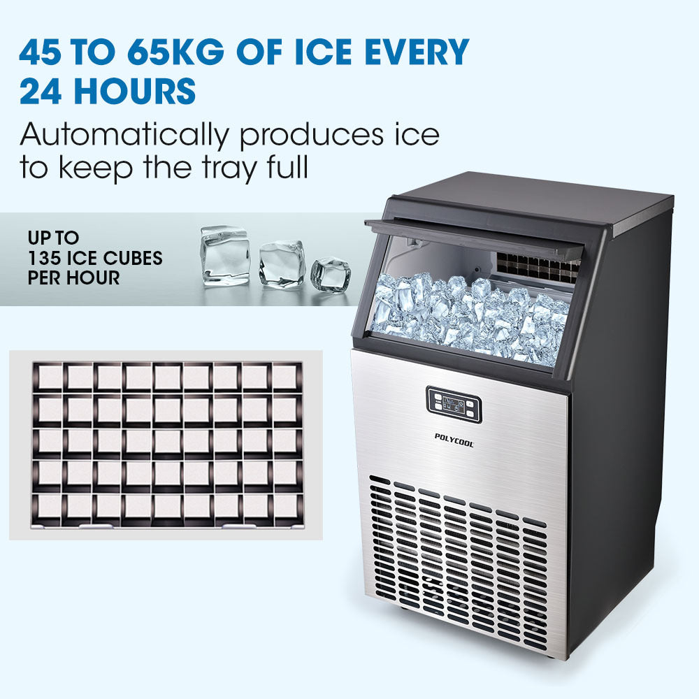 POLYCOOL Ice Cube Maker 45-65kg Commercial Ice Machine Stainless Steel Automatic with LCD Screen-Appliances > Kitchen Appliances-PEROZ Accessories
