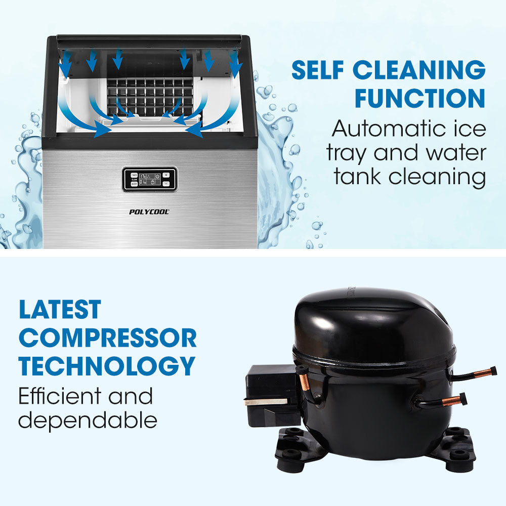 POLYCOOL Ice Cube Maker 45-65kg Commercial Ice Machine Stainless Steel Automatic with LCD Screen-Appliances > Kitchen Appliances-PEROZ Accessories