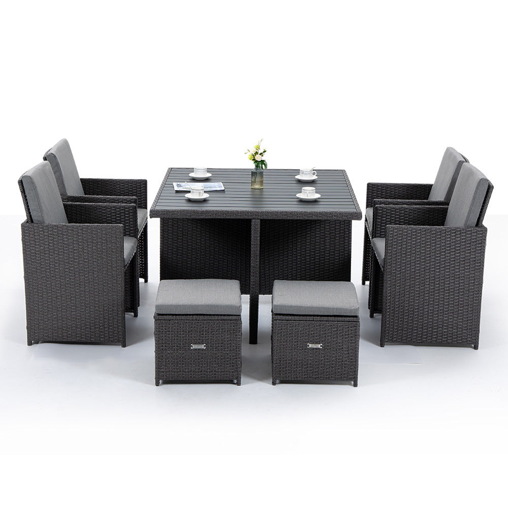 LONDON RATTAN Outdoor Dining Table 9 Piece Furniture Wicker Set, Grey-Furniture > Outdoor-PEROZ Accessories