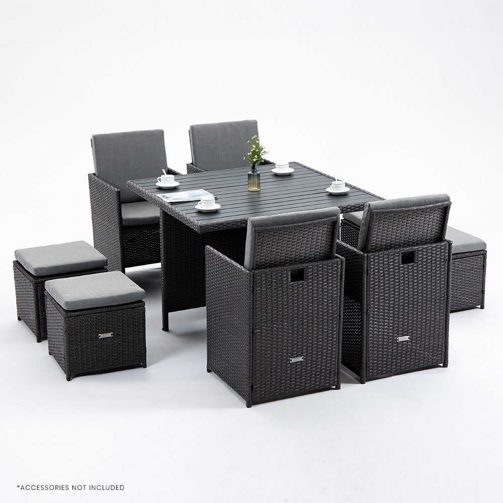 LONDON RATTAN Outdoor Dining Table 9 Piece Furniture Wicker Set, Grey-Furniture > Outdoor-PEROZ Accessories