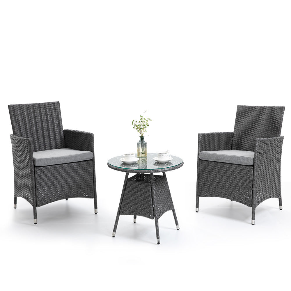 LONDON RATTAN 3 Piece Outdoor Furniture Set with Table and Chairs, Grey-Furniture > Outdoor-PEROZ Accessories