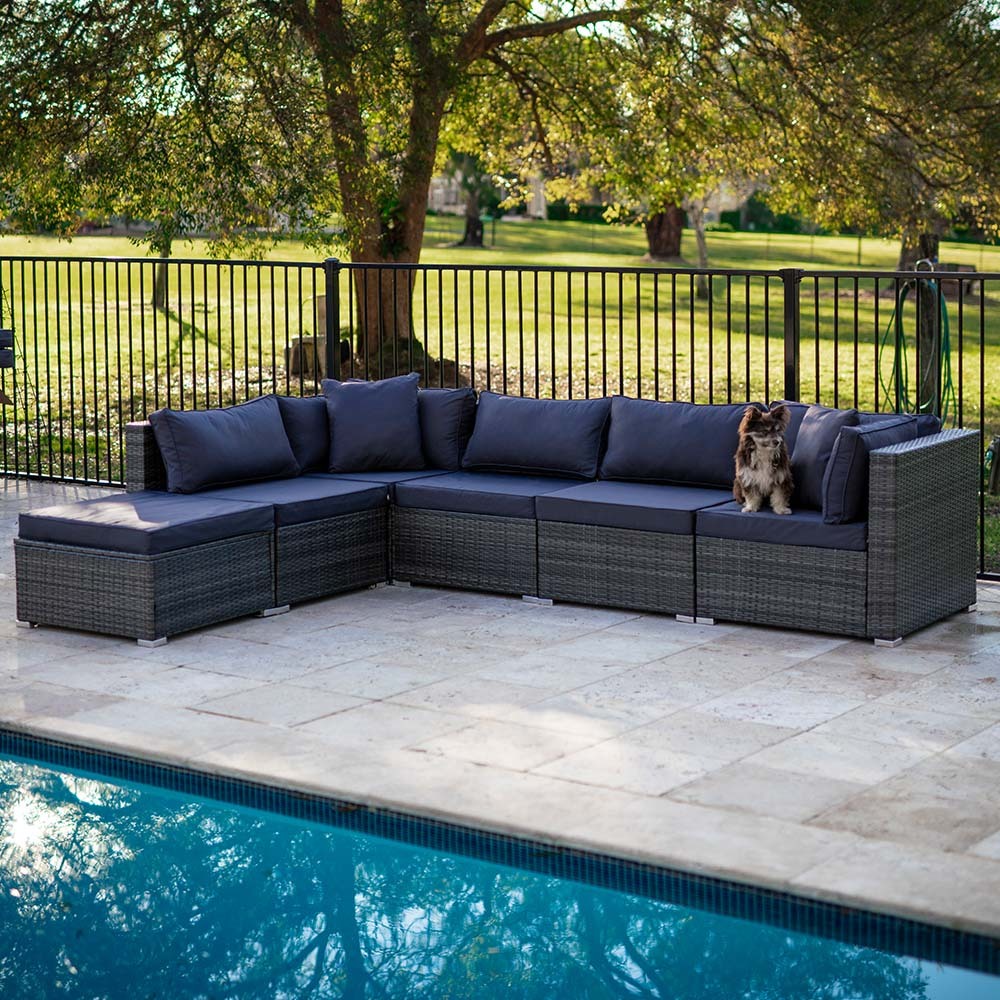 LONDON RATTAN 6 Seater Modular Outdoor Lounge Setting with Ottoman, Grey-Furniture > Outdoor-PEROZ Accessories