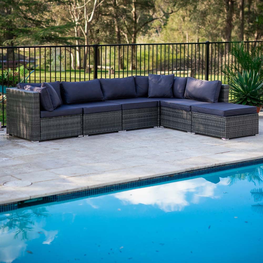 LONDON RATTAN 6 Seater Modular Outdoor Lounge Setting with Ottoman, Grey-Furniture > Outdoor-PEROZ Accessories