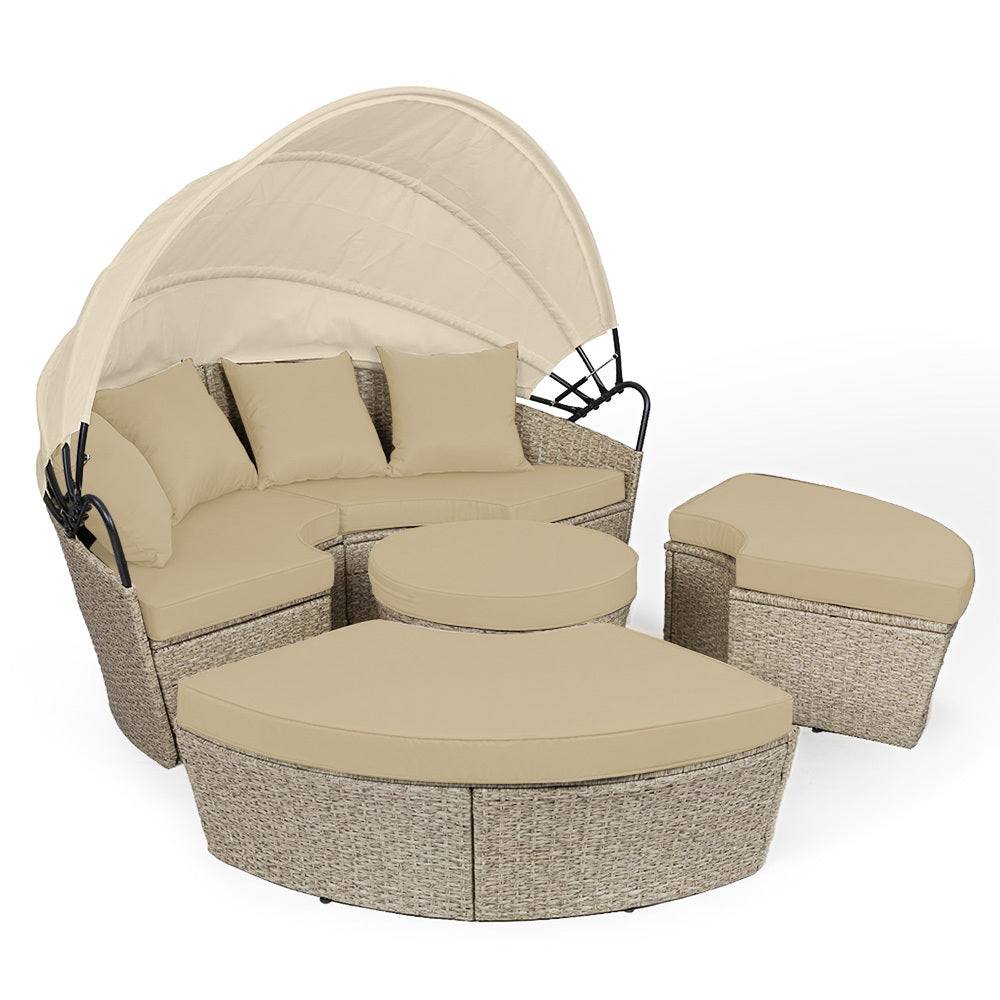 LONDON RATTAN 4pc Day Bed Round Lounge Outdoor Furniture, Beige Wicker and Canopy-Furniture > Outdoor-PEROZ Accessories