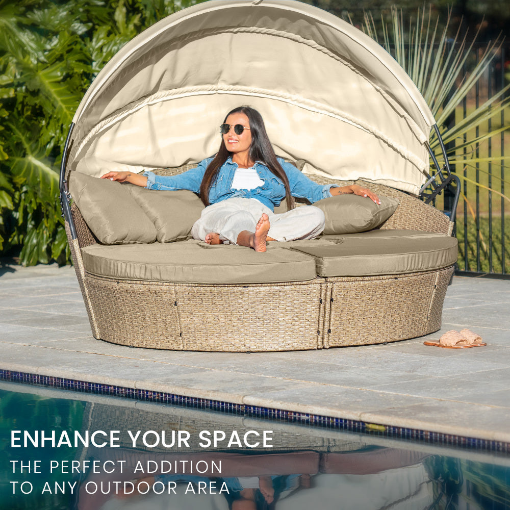 LONDON RATTAN 4pc Day Bed Round Lounge Outdoor Furniture, Beige Wicker and Canopy-Furniture > Outdoor-PEROZ Accessories