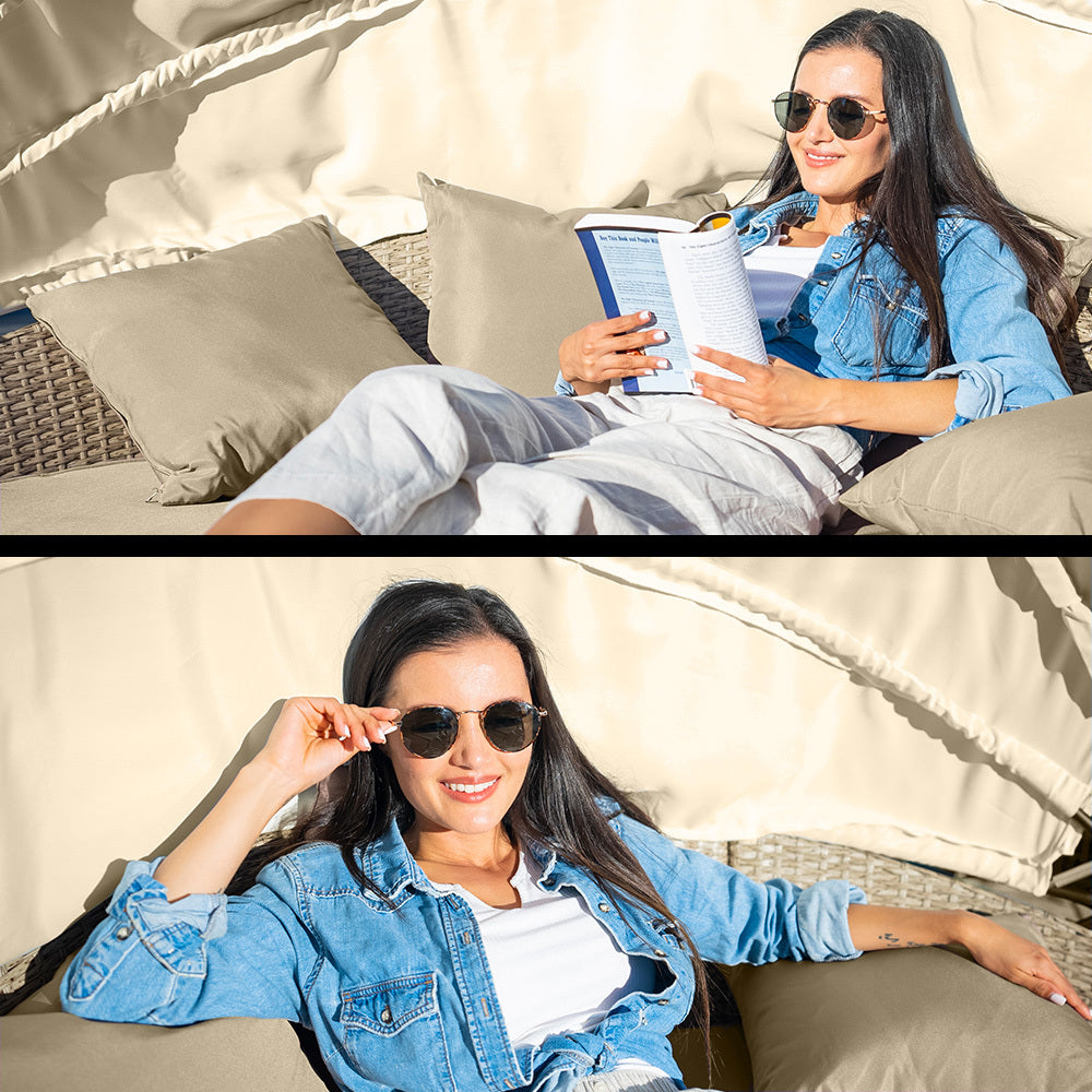 LONDON RATTAN 4pc Day Bed Round Lounge Outdoor Furniture, Beige Wicker and Canopy-Furniture > Outdoor-PEROZ Accessories