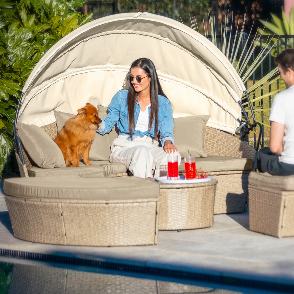 LONDON RATTAN 4pc Day Bed Round Lounge Outdoor Furniture, Beige Wicker and Canopy-Furniture > Outdoor-PEROZ Accessories
