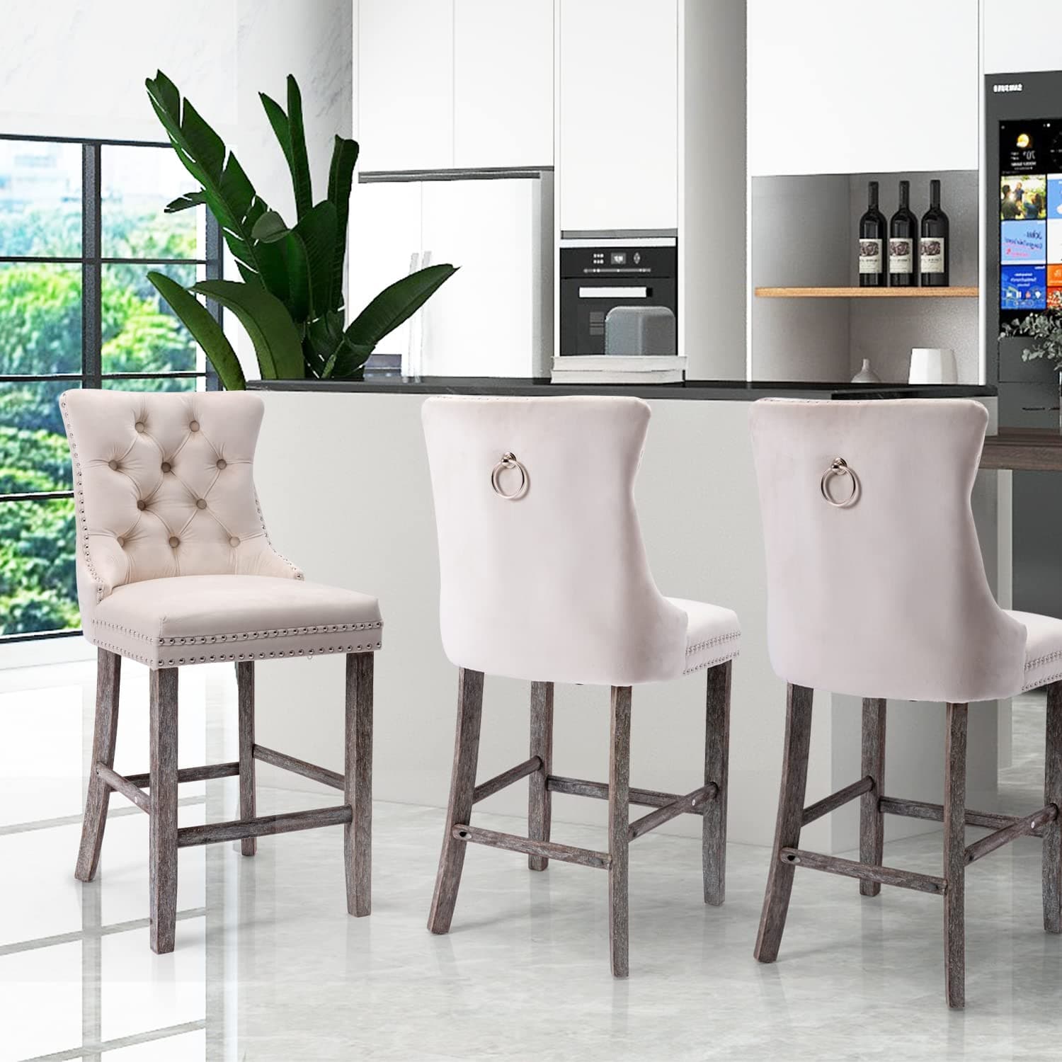 4X Velvet Bar Stools with Studs Trim Wooden Legs Tufted Dining Chairs Kitchen-Furniture > Bar Stools & Chairs-PEROZ Accessories
