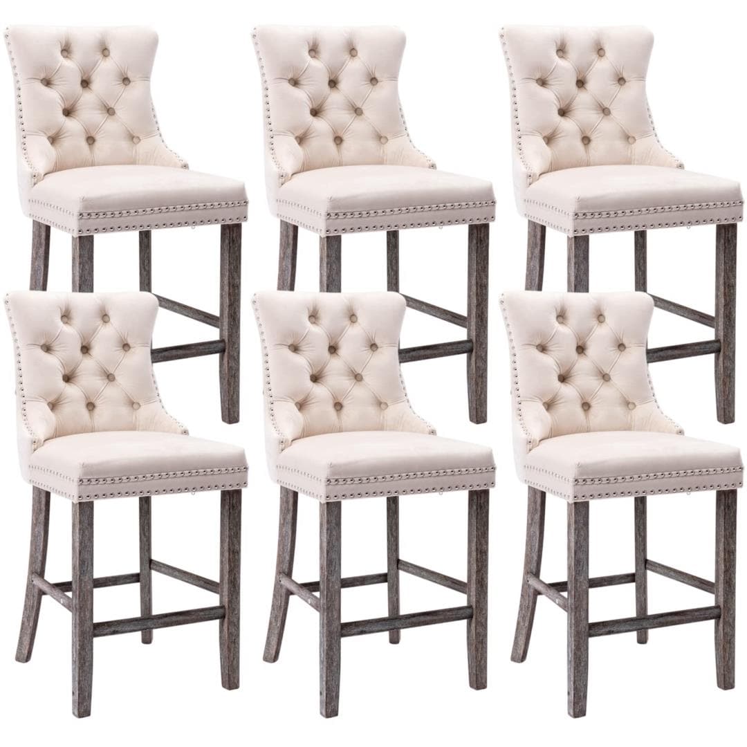 6X Velvet Bar Stools with Studs Trim Wooden Legs Tufted Dining Chairs Kitchen-Furniture > Bar Stools & Chairs-PEROZ Accessories