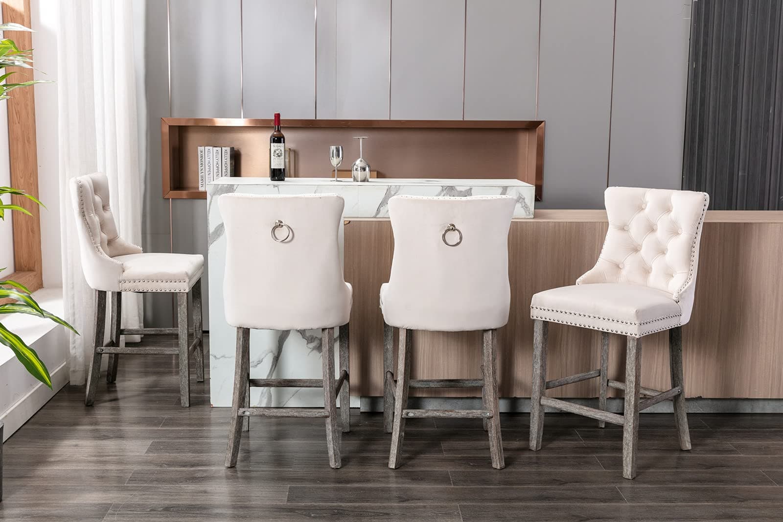 6X Velvet Bar Stools with Studs Trim Wooden Legs Tufted Dining Chairs Kitchen-Furniture > Bar Stools & Chairs-PEROZ Accessories