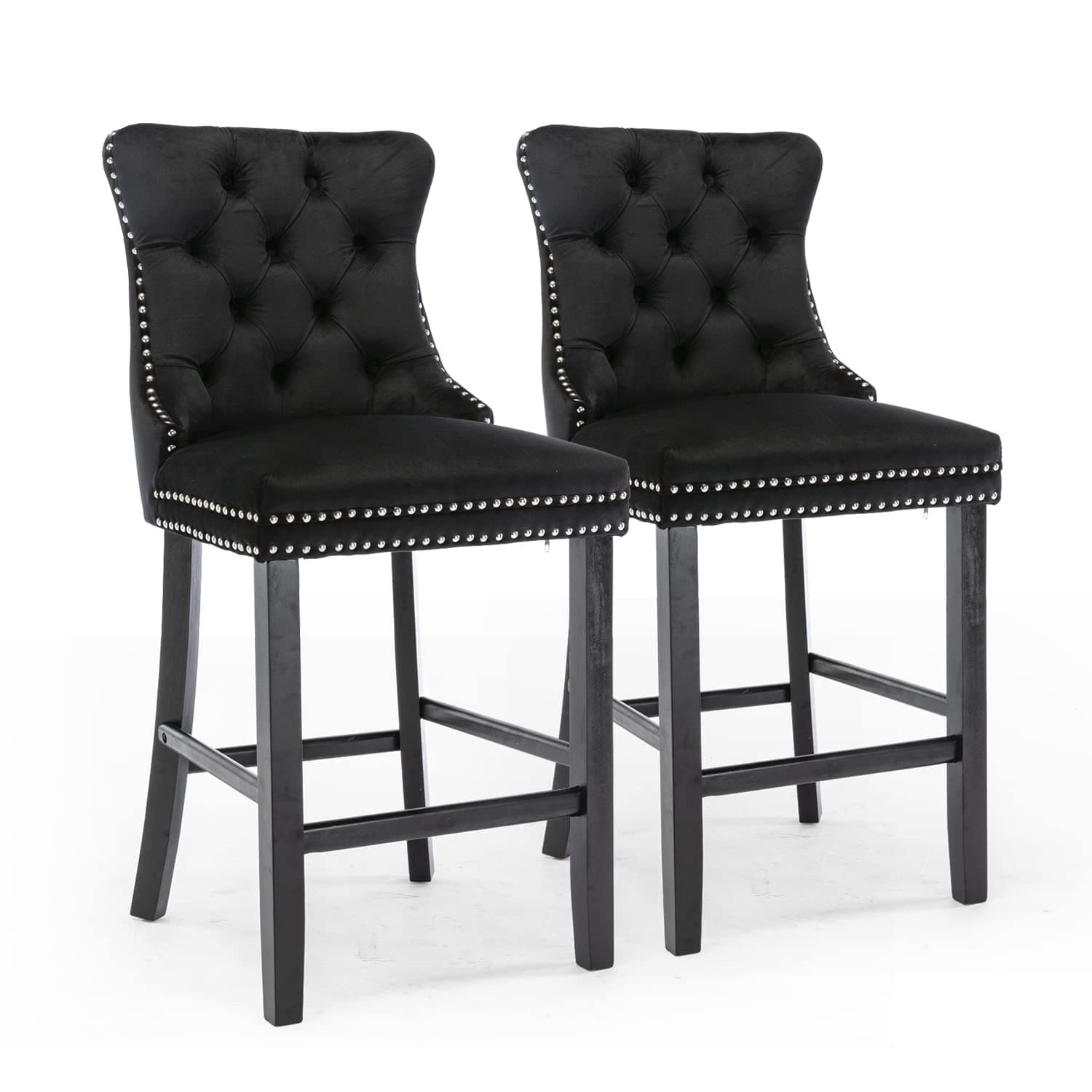 4X Velvet Bar Stools with Studs Trim Wooden Legs Tufted Dining Chairs Kitchen-Furniture > Bar Stools & Chairs-PEROZ Accessories