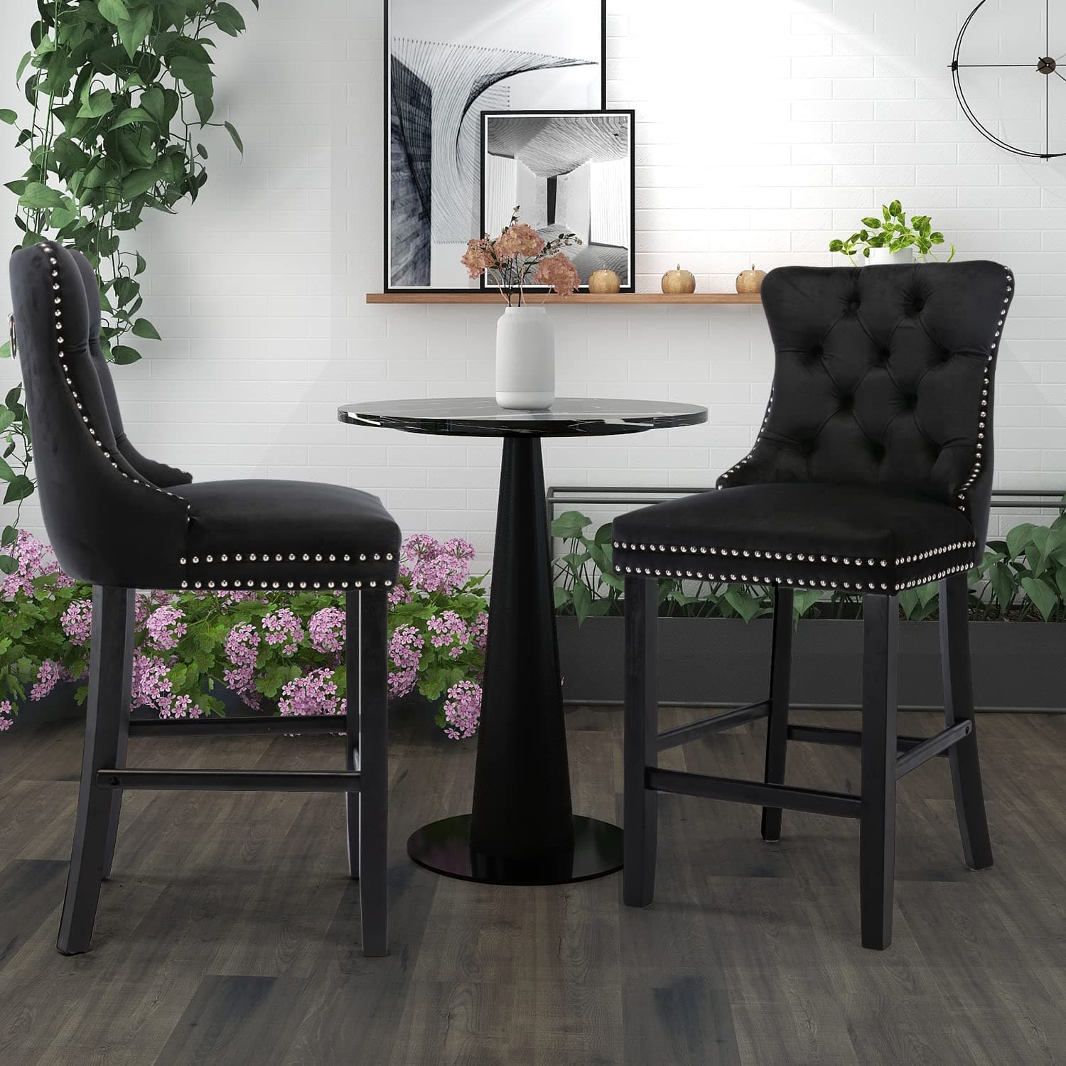 4X Velvet Bar Stools with Studs Trim Wooden Legs Tufted Dining Chairs Kitchen-Furniture > Bar Stools & Chairs-PEROZ Accessories