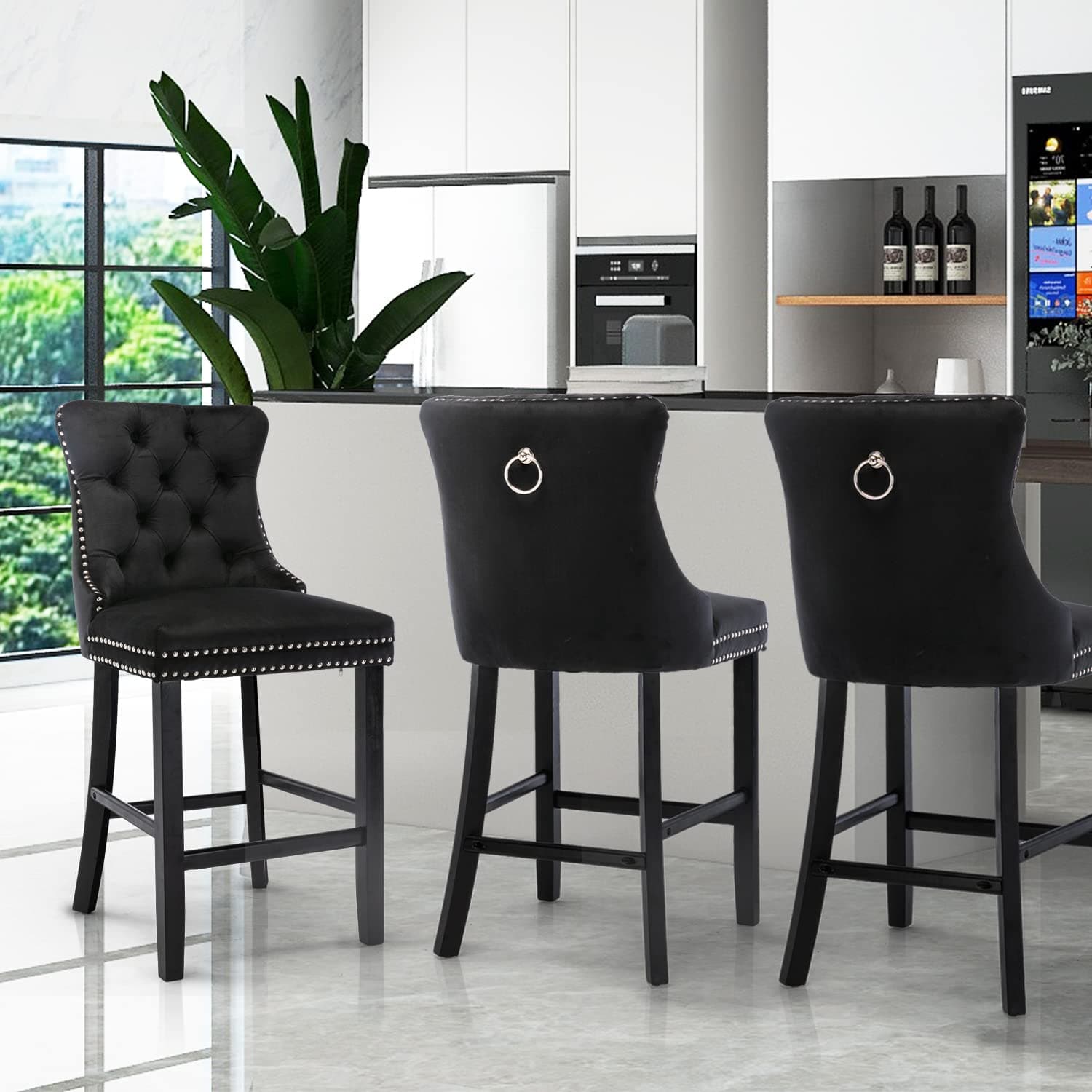 4X Velvet Bar Stools with Studs Trim Wooden Legs Tufted Dining Chairs Kitchen-Furniture > Bar Stools & Chairs-PEROZ Accessories