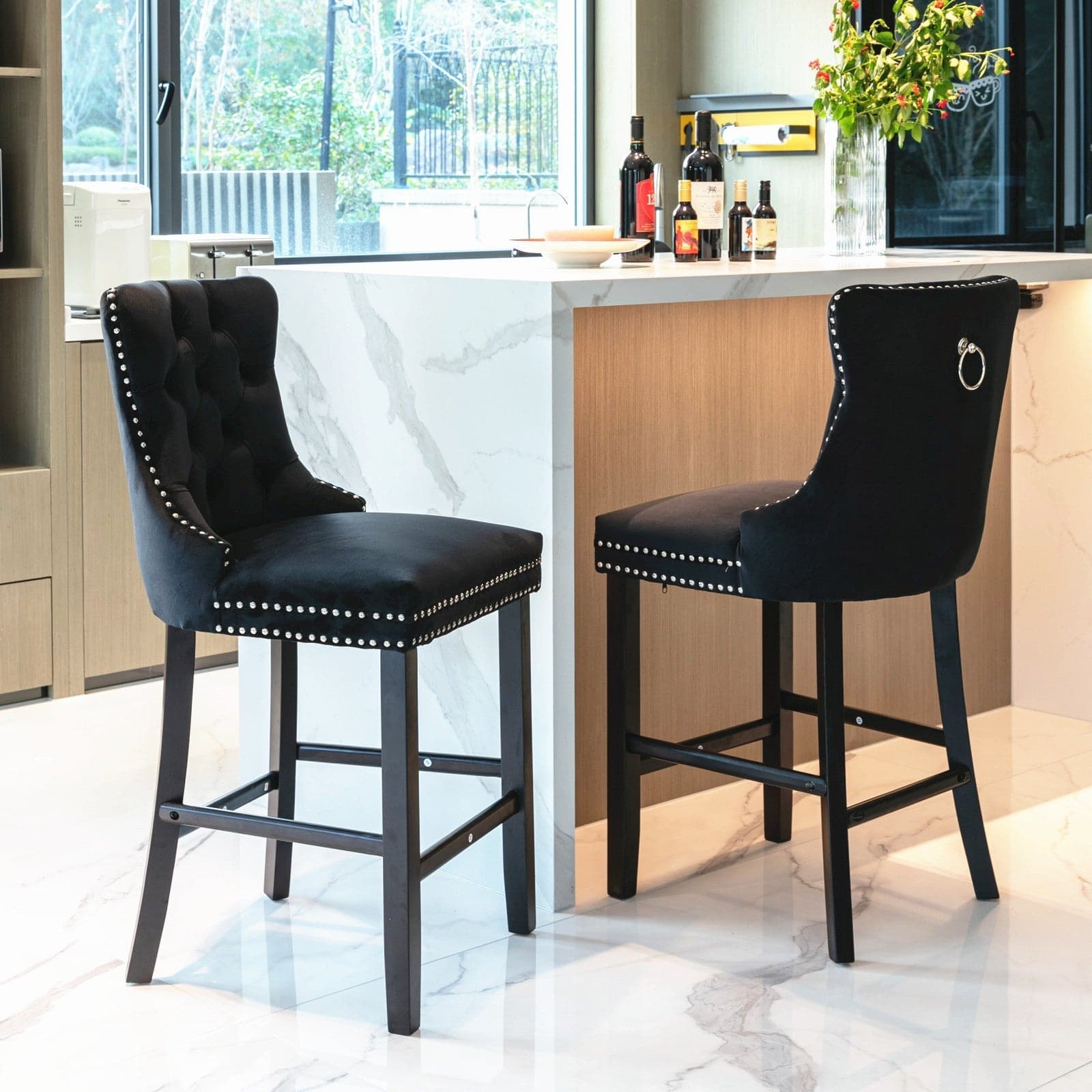 6X Velvet Bar Stools with Studs Trim Wooden Legs Tufted Dining Chairs Kitchen-Furniture > Bar Stools & Chairs-PEROZ Accessories