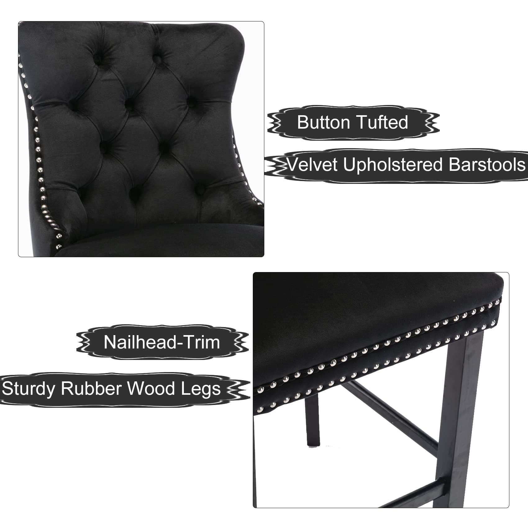 6X Velvet Bar Stools with Studs Trim Wooden Legs Tufted Dining Chairs Kitchen-Furniture > Bar Stools & Chairs-PEROZ Accessories