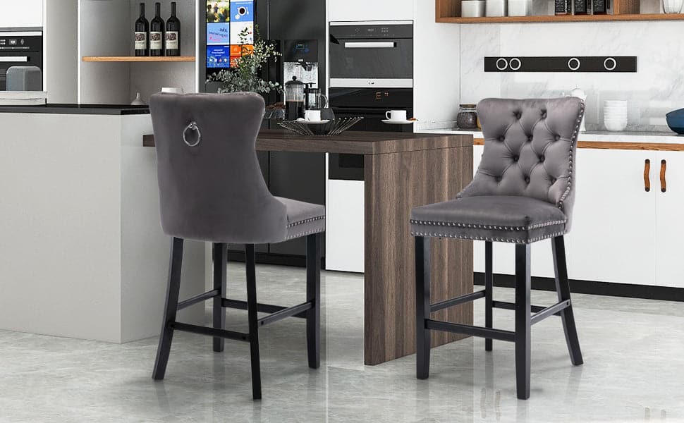 4X Velvet Bar Stools with Studs Trim Wooden Legs Tufted Dining Chairs Kitchen-Furniture > Bar Stools & Chairs-PEROZ Accessories