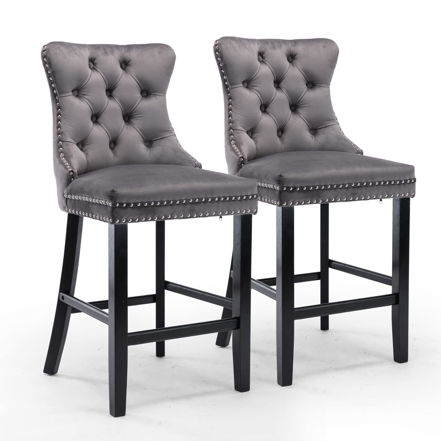 4X Velvet Bar Stools with Studs Trim Wooden Legs Tufted Dining Chairs Kitchen-Furniture > Bar Stools & Chairs-PEROZ Accessories