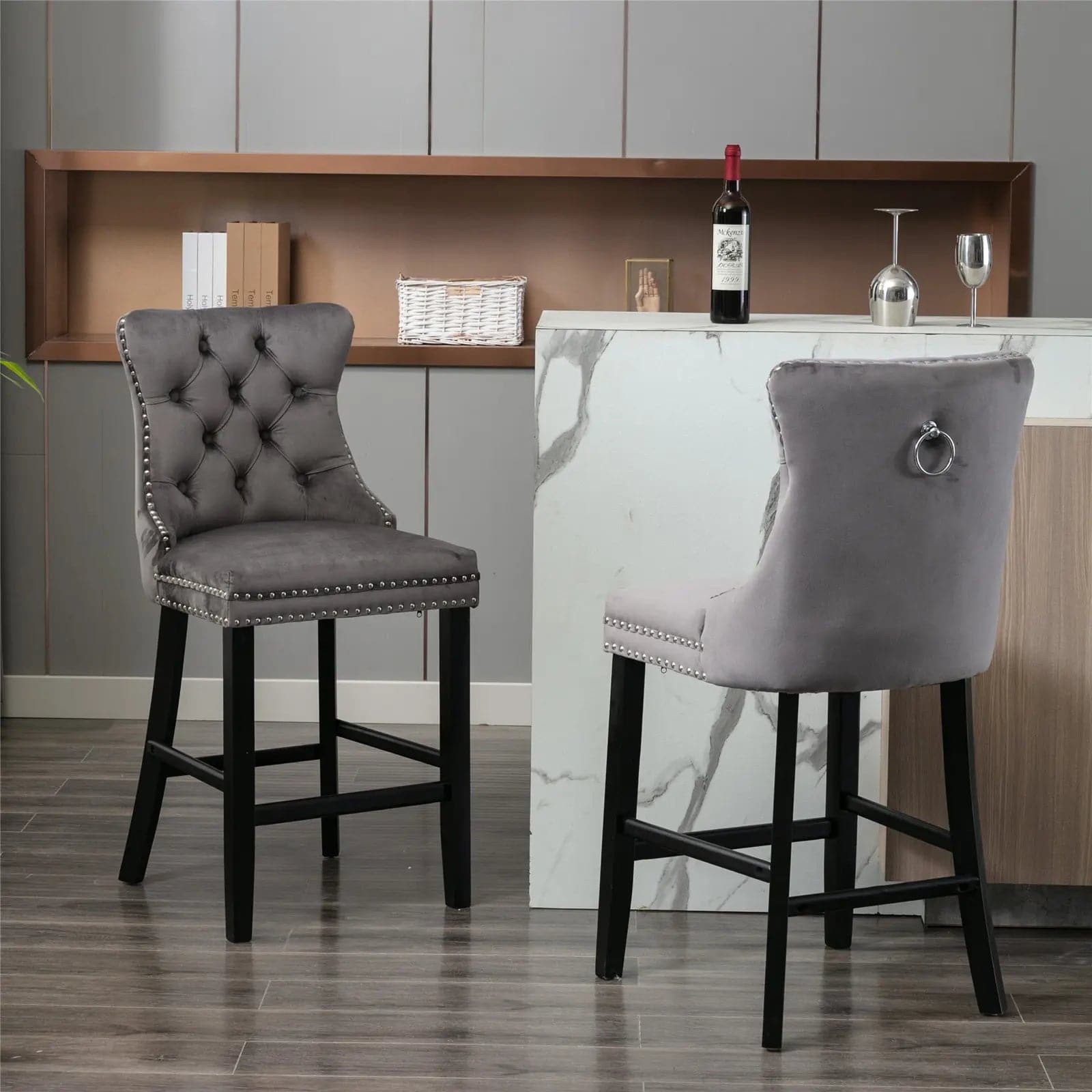6X Velvet Bar Stools with Studs Trim Wooden Legs Tufted Dining Chairs Kitchen-Furniture > Bar Stools & Chairs-PEROZ Accessories