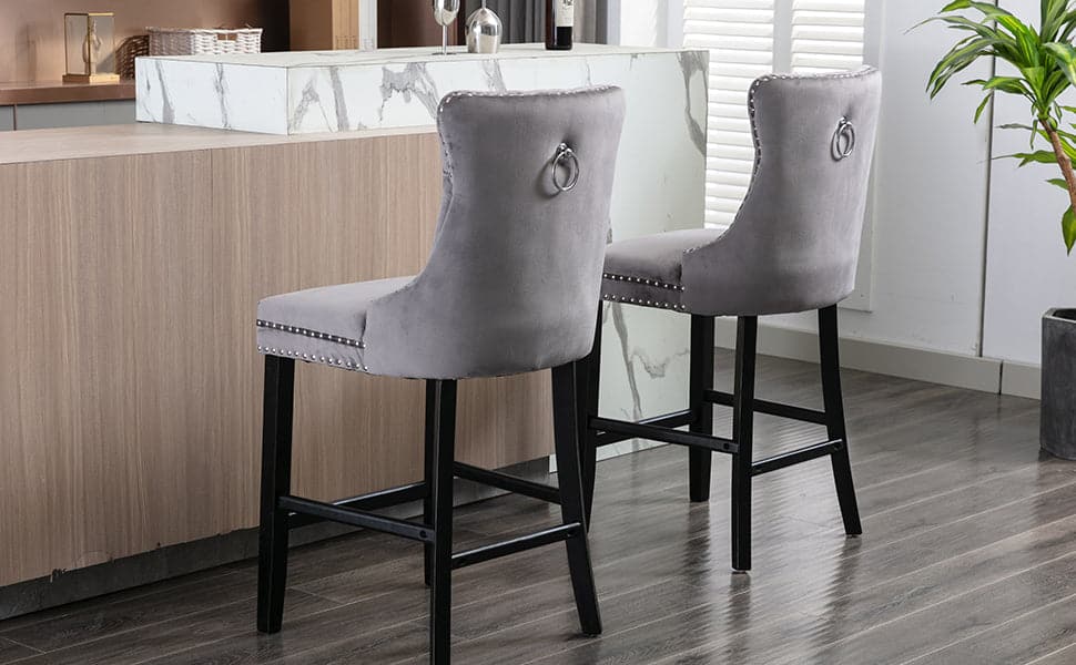 6X Velvet Bar Stools with Studs Trim Wooden Legs Tufted Dining Chairs Kitchen-Furniture > Bar Stools & Chairs-PEROZ Accessories