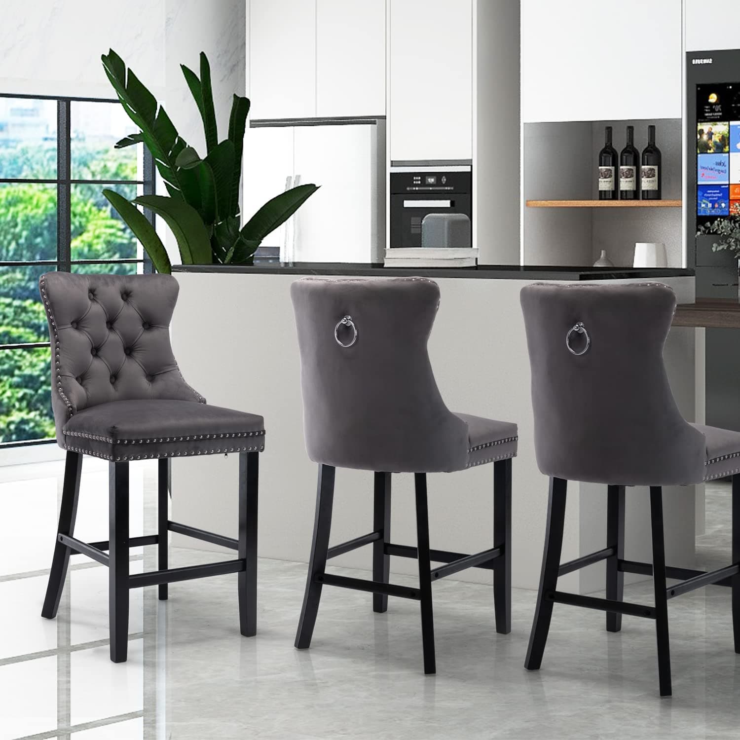 6X Velvet Bar Stools with Studs Trim Wooden Legs Tufted Dining Chairs Kitchen-Furniture > Bar Stools & Chairs-PEROZ Accessories