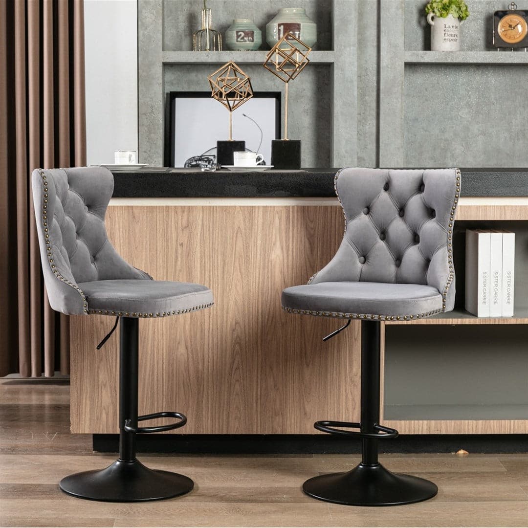 4x Height Adjustable Swivel Bar Stool Velvet Nailhead Barstool with Footrest-Furniture > Bar Stools & Chairs-PEROZ Accessories