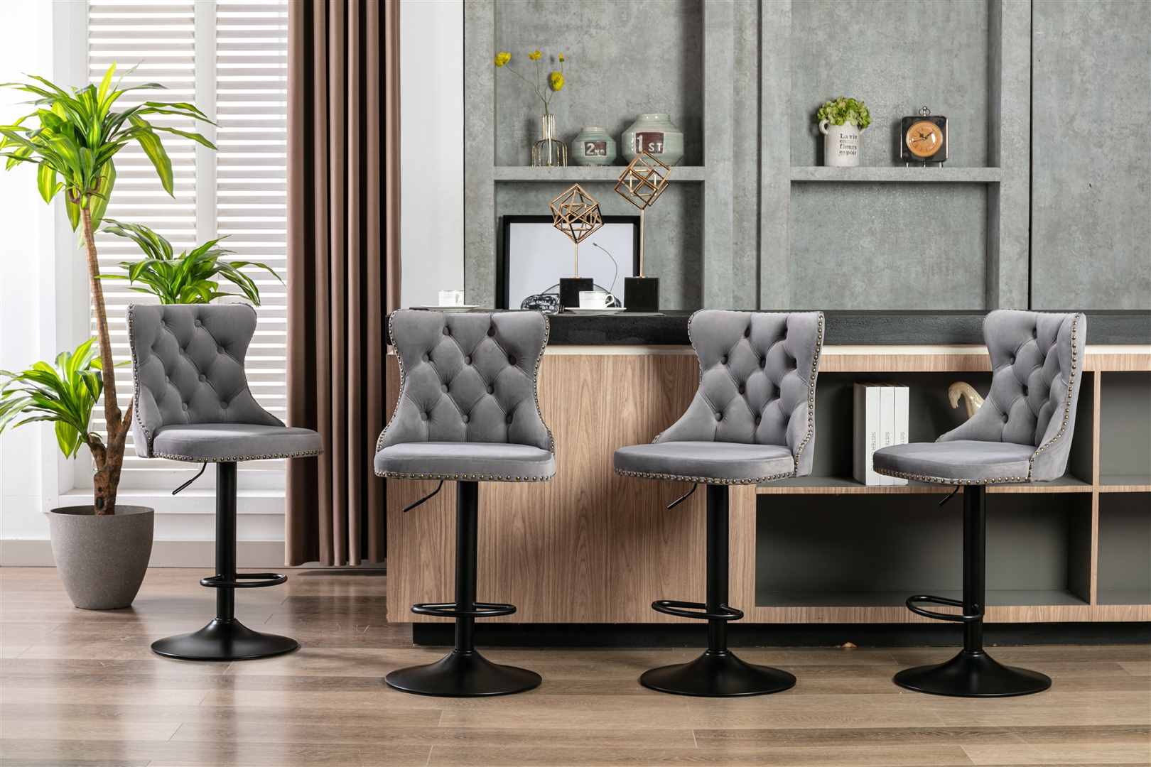 4x Height Adjustable Swivel Bar Stool Velvet Nailhead Barstool with Footrest-Furniture > Bar Stools & Chairs-PEROZ Accessories