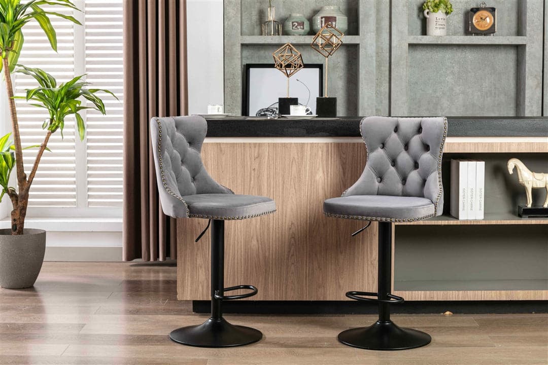 4x Height Adjustable Swivel Bar Stool Velvet Nailhead Barstool with Footrest-Furniture > Bar Stools & Chairs-PEROZ Accessories