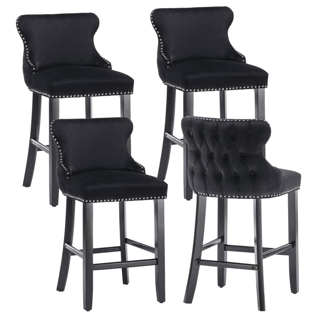 4x Velvet Upholstered Button Tufted Bar Stools with Wood Legs and Studs-Black-Furniture > Bar Stools & Chairs-PEROZ Accessories