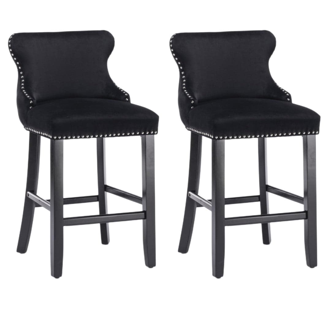 4x Velvet Upholstered Button Tufted Bar Stools with Wood Legs and Studs-Black-Furniture > Bar Stools & Chairs-PEROZ Accessories