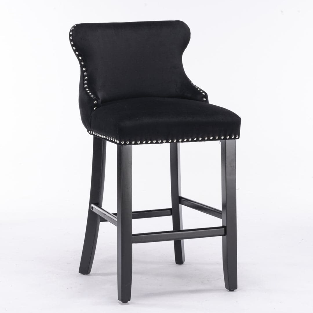 4x Velvet Upholstered Button Tufted Bar Stools with Wood Legs and Studs-Black-Furniture > Bar Stools & Chairs-PEROZ Accessories