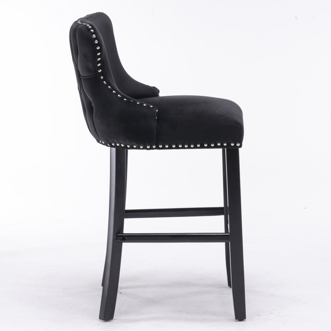 4x Velvet Upholstered Button Tufted Bar Stools with Wood Legs and Studs-Black-Furniture > Bar Stools & Chairs-PEROZ Accessories
