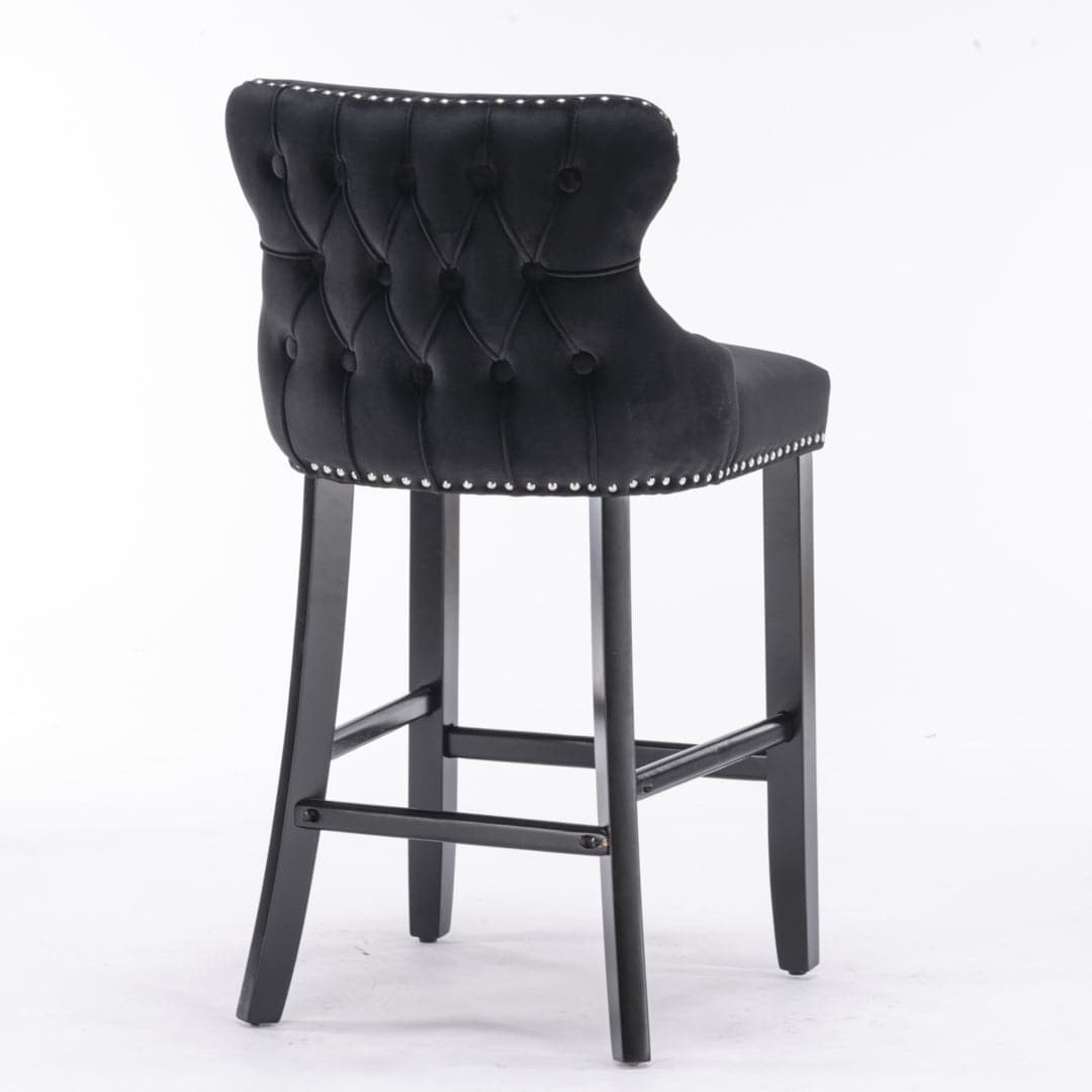 4x Velvet Upholstered Button Tufted Bar Stools with Wood Legs and Studs-Black-Furniture > Bar Stools & Chairs-PEROZ Accessories