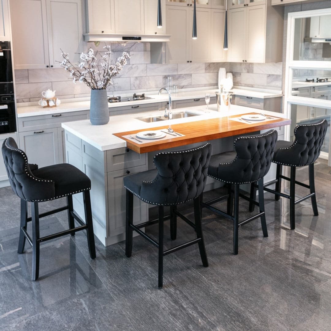 4x Velvet Upholstered Button Tufted Bar Stools with Wood Legs and Studs-Black-Furniture > Bar Stools & Chairs-PEROZ Accessories