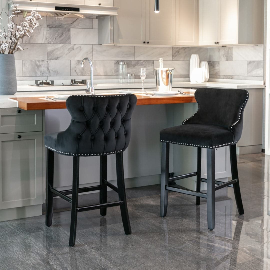 4x Velvet Upholstered Button Tufted Bar Stools with Wood Legs and Studs-Black-Furniture > Bar Stools & Chairs-PEROZ Accessories