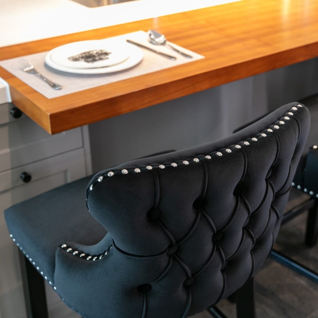 4x Velvet Upholstered Button Tufted Bar Stools with Wood Legs and Studs-Black-Furniture > Bar Stools & Chairs-PEROZ Accessories