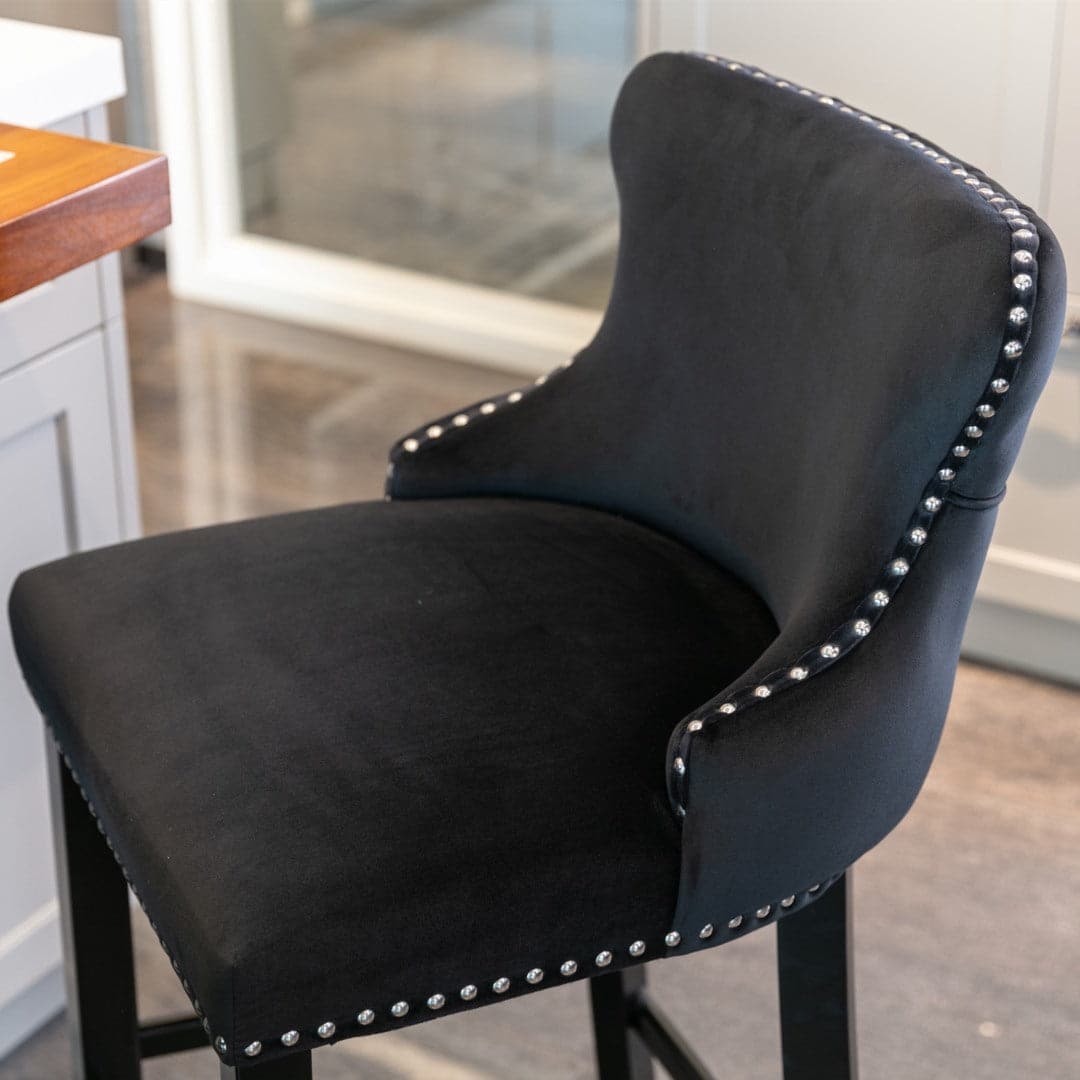 4x Velvet Upholstered Button Tufted Bar Stools with Wood Legs and Studs-Black-Furniture > Bar Stools & Chairs-PEROZ Accessories