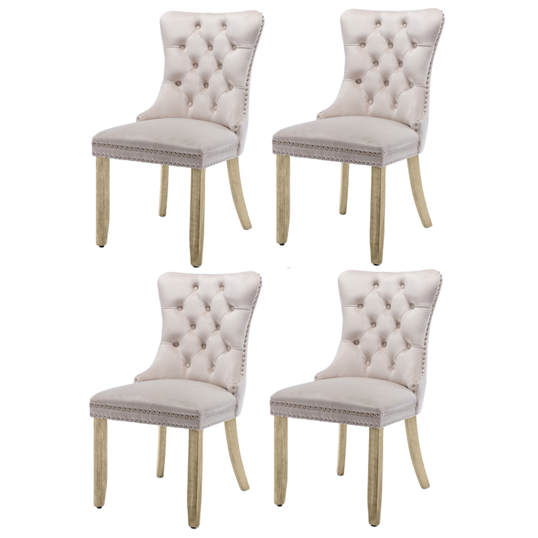 4x Velvet Dining Chairs Upholstered Tufted Kithcen Chair with Solid Wood Legs Stud Trim and Ring-Beige-Furniture > Bar Stools & Chairs-PEROZ Accessories