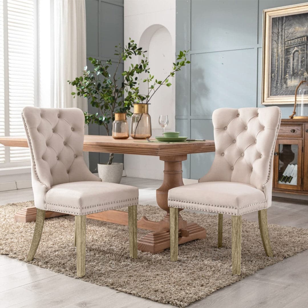 4x Velvet Dining Chairs Upholstered Tufted Kithcen Chair with Solid Wood Legs Stud Trim and Ring-Beige-Furniture > Bar Stools & Chairs-PEROZ Accessories