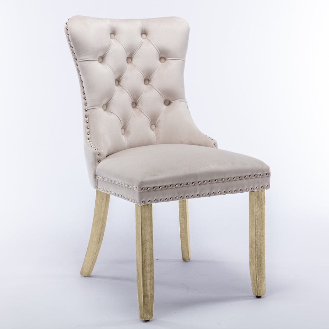 4x Velvet Dining Chairs Upholstered Tufted Kithcen Chair with Solid Wood Legs Stud Trim and Ring-Beige-Furniture > Bar Stools & Chairs-PEROZ Accessories