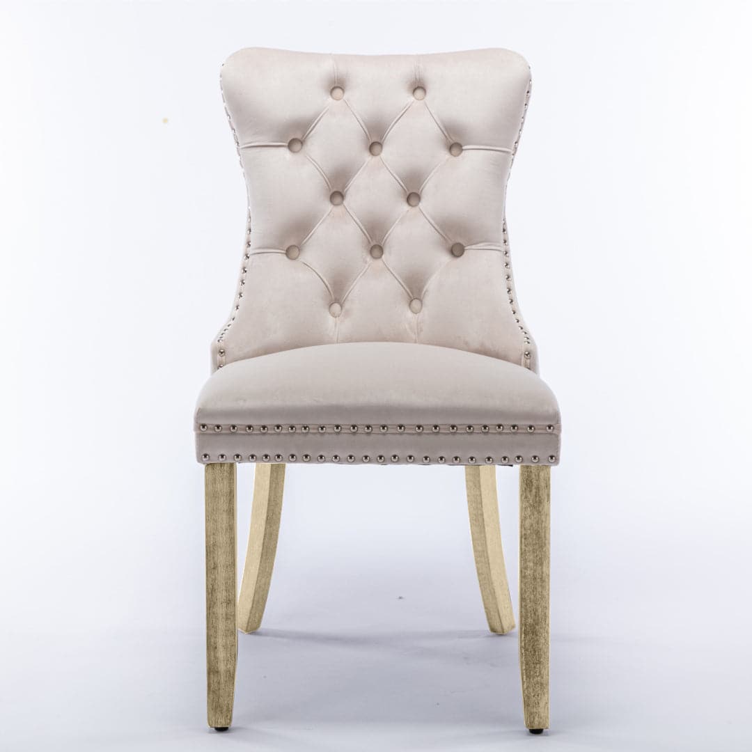 4x Velvet Dining Chairs Upholstered Tufted Kithcen Chair with Solid Wood Legs Stud Trim and Ring-Beige-Furniture > Bar Stools & Chairs-PEROZ Accessories