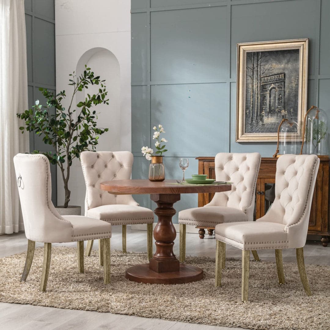 4x Velvet Dining Chairs Upholstered Tufted Kithcen Chair with Solid Wood Legs Stud Trim and Ring-Beige-Furniture > Bar Stools & Chairs-PEROZ Accessories