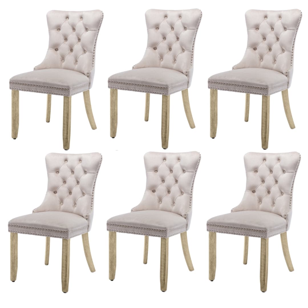 6x Velvet Dining Chairs Upholstered Tufted Kithcen Chair with Solid Wood Legs Stud Trim and Ring-Beige-Furniture > Bar Stools & Chairs-PEROZ Accessories