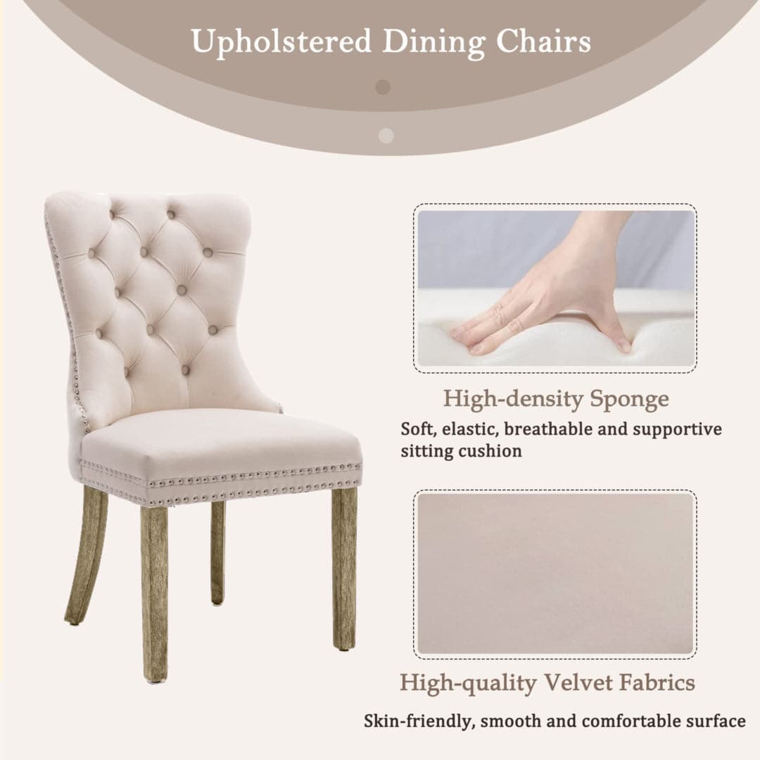 6x Velvet Dining Chairs Upholstered Tufted Kithcen Chair with Solid Wood Legs Stud Trim and Ring-Beige-Furniture > Bar Stools & Chairs-PEROZ Accessories